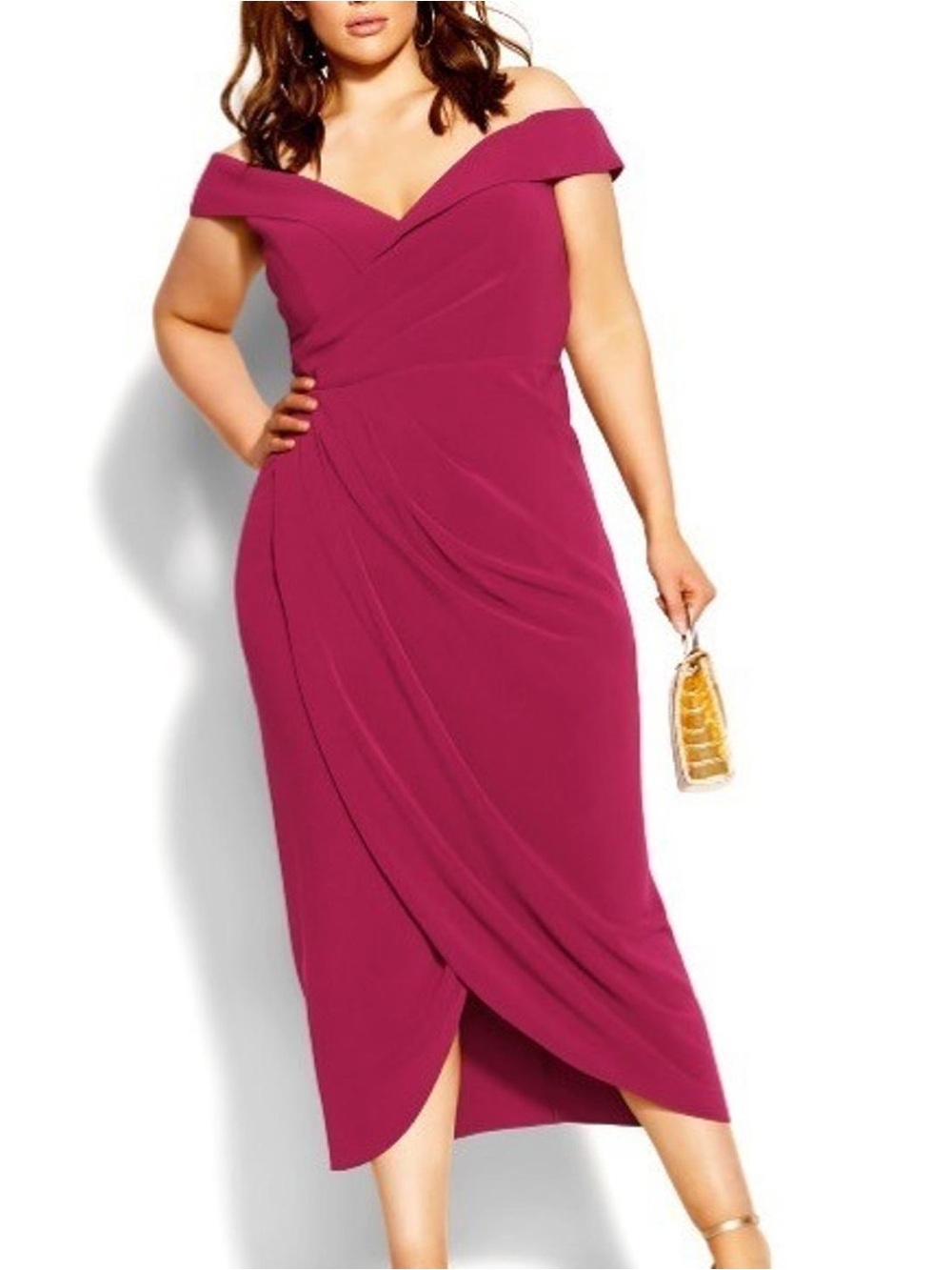 City Chic Off-Shoulder Magenta Draped Midi Dress